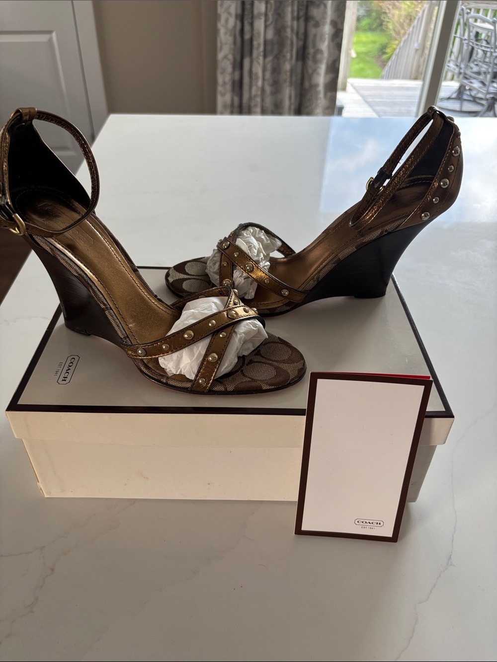 Coach Brown Signature Canvas Wedge Sandals with Bronze Studded Straps